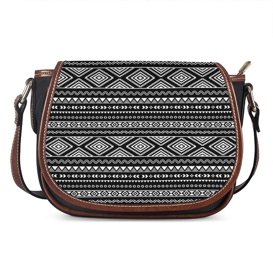 Black And White Aztec Ethnic Print Saddle Bag