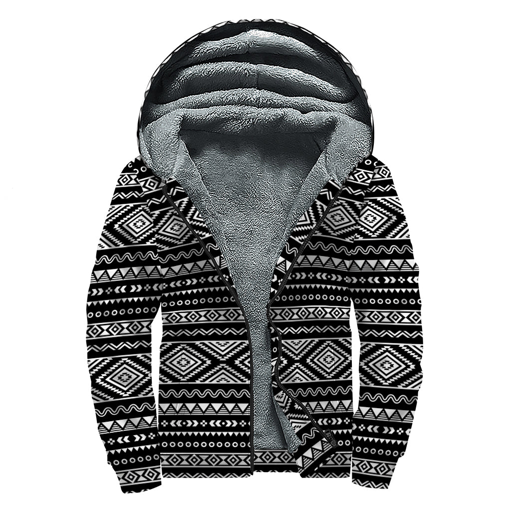 Black And White Aztec Ethnic Print Sherpa Lined Zip Up Hoodie