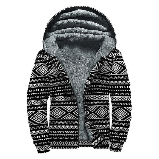 Black And White Aztec Ethnic Print Sherpa Lined Zip Up Hoodie