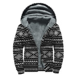 Black And White Aztec Ethnic Print Sherpa Lined Zip Up Hoodie