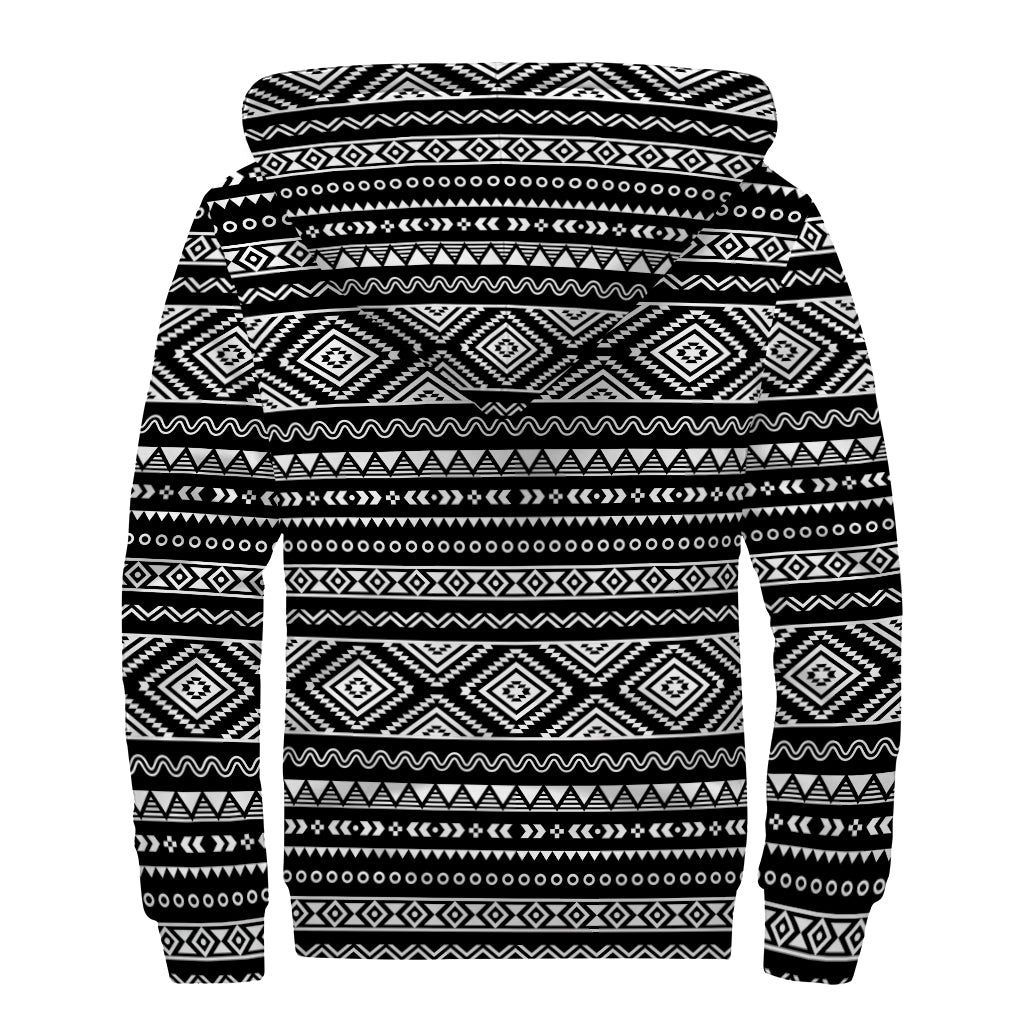 Black And White Aztec Ethnic Print Sherpa Lined Zip Up Hoodie