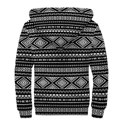 Black And White Aztec Ethnic Print Sherpa Lined Zip Up Hoodie