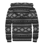 Black And White Aztec Ethnic Print Sherpa Lined Zip Up Hoodie