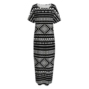 Black And White Aztec Ethnic Print Short Sleeve Long Nightdress