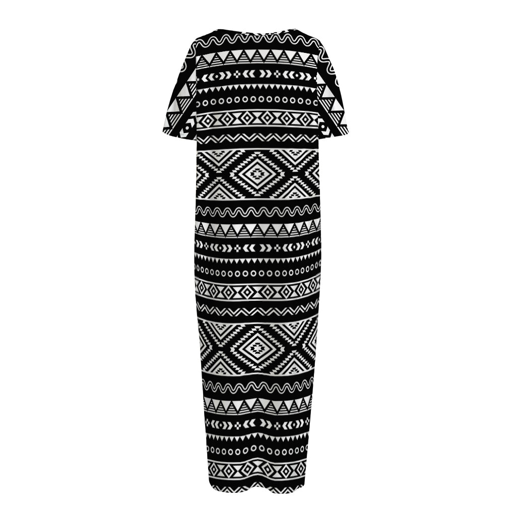 Black And White Aztec Ethnic Print Short Sleeve Long Nightdress