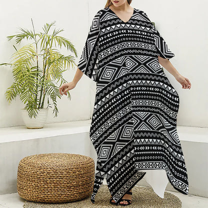 Black And White Aztec Ethnic Print Silk V-Neck Kaftan Dress