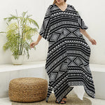 Black And White Aztec Ethnic Print Silk V-Neck Kaftan Dress