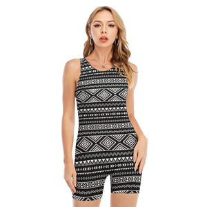 Black And White Aztec Ethnic Print Sleeveless One Piece Swimsuit