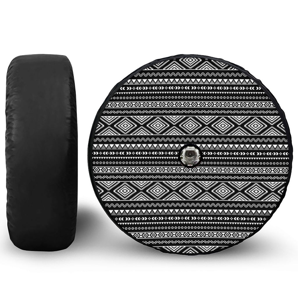 Black And White Aztec Ethnic Print Tire Cover With Camera Hole