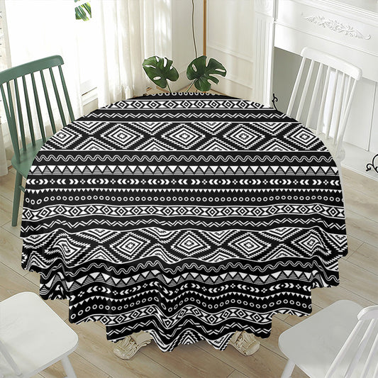Black And White Aztec Ethnic Print Waterproof Round Tablecloth