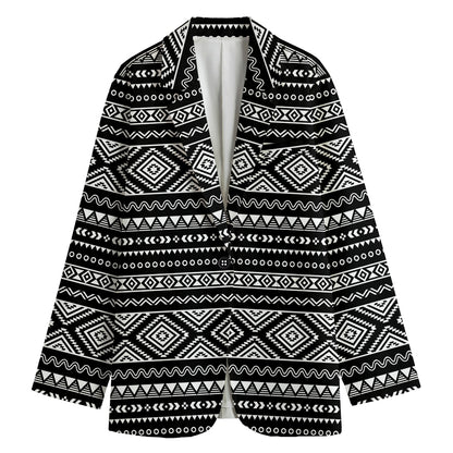 Black And White Aztec Ethnic Print Women's Cotton Blazer