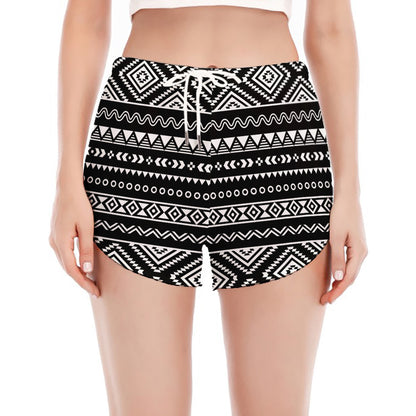 Black And White Aztec Ethnic Print Women's Split Running Shorts