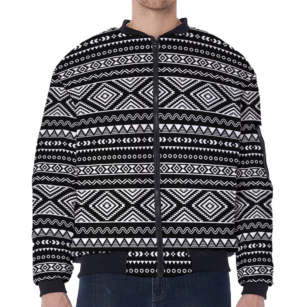 Black And White Aztec Ethnic Print Zip Sleeve Bomber Jacket