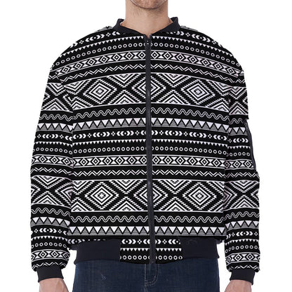Black And White Aztec Ethnic Print Zip Sleeve Bomber Jacket