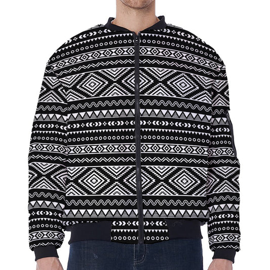 Black And White Aztec Ethnic Print Zip Sleeve Bomber Jacket