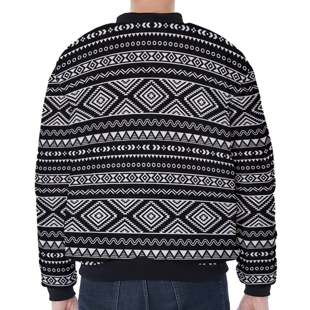 Black And White Aztec Ethnic Print Zip Sleeve Bomber Jacket