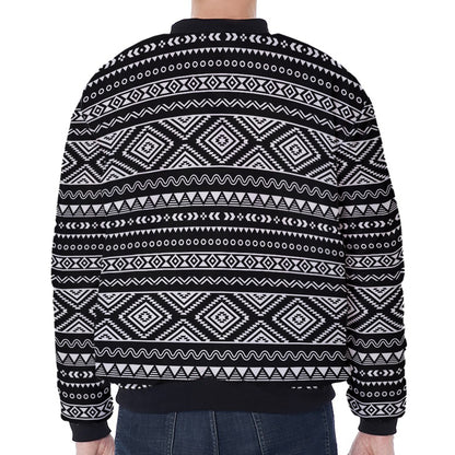 Black And White Aztec Ethnic Print Zip Sleeve Bomber Jacket