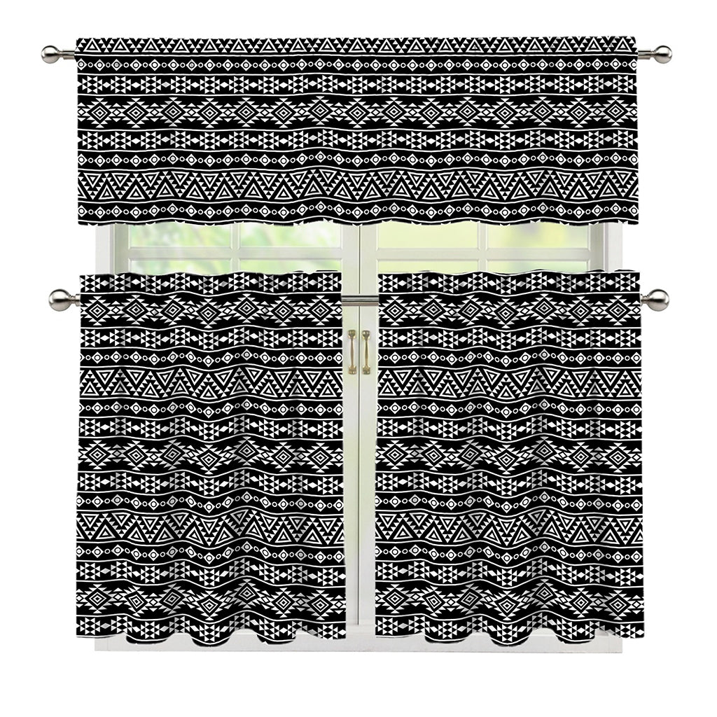 Black And White Aztec Geometric Print 3 Piece Kitchen Curtains