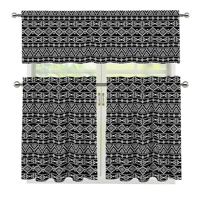 Black And White Aztec Geometric Print 3 Piece Kitchen Curtains