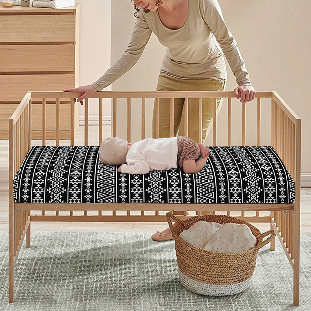 Black And White Aztec Geometric Print Baby Crib Sheet