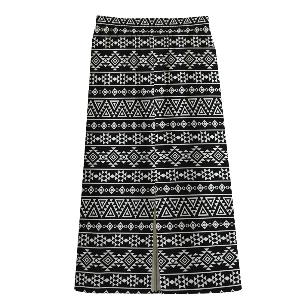 Black And White Aztec Geometric Print Cotton Front Slit Maxi Skirt