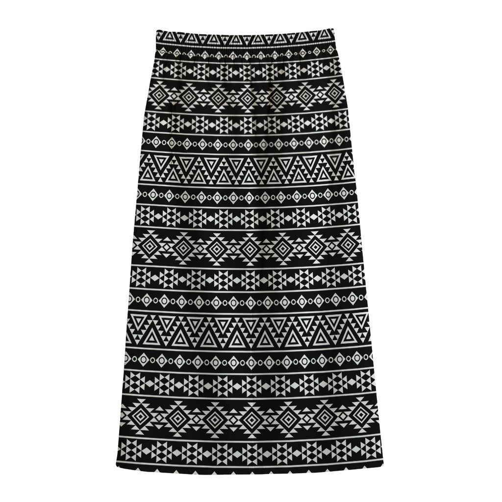 Black And White Aztec Geometric Print Cotton Front Slit Maxi Skirt