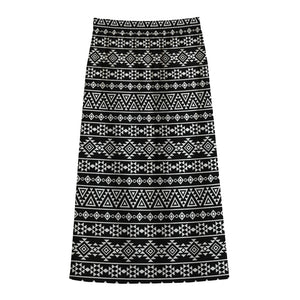 Black And White Aztec Geometric Print Cotton Front Slit Maxi Skirt