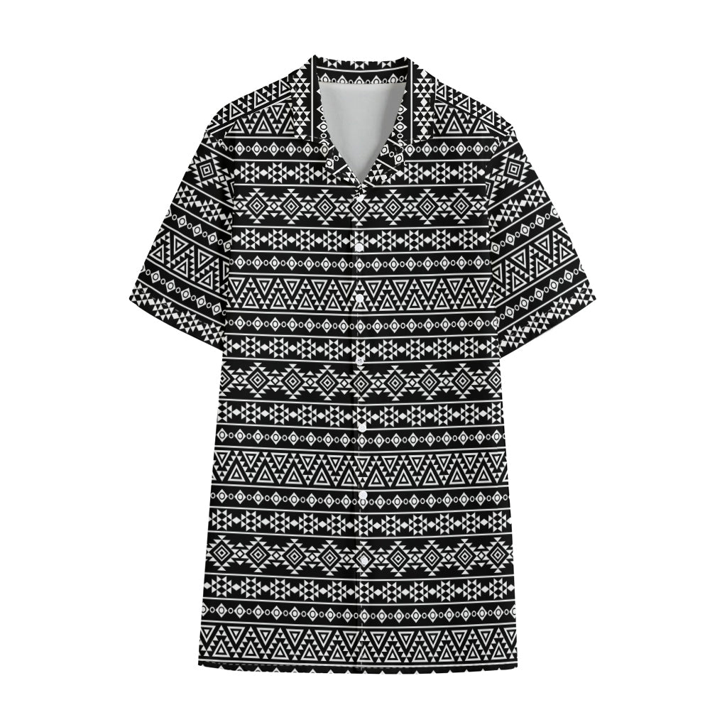 Black And White Aztec Geometric Print Cotton Hawaiian Shirt