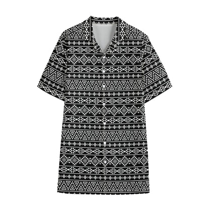 Black And White Aztec Geometric Print Cotton Hawaiian Shirt