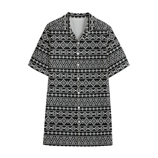 Black And White Aztec Geometric Print Cotton Hawaiian Shirt