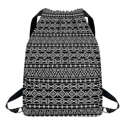 Black And White Aztec Geometric Print Drawstring Backpack