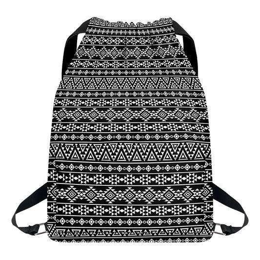 Black And White Aztec Geometric Print Drawstring Backpack