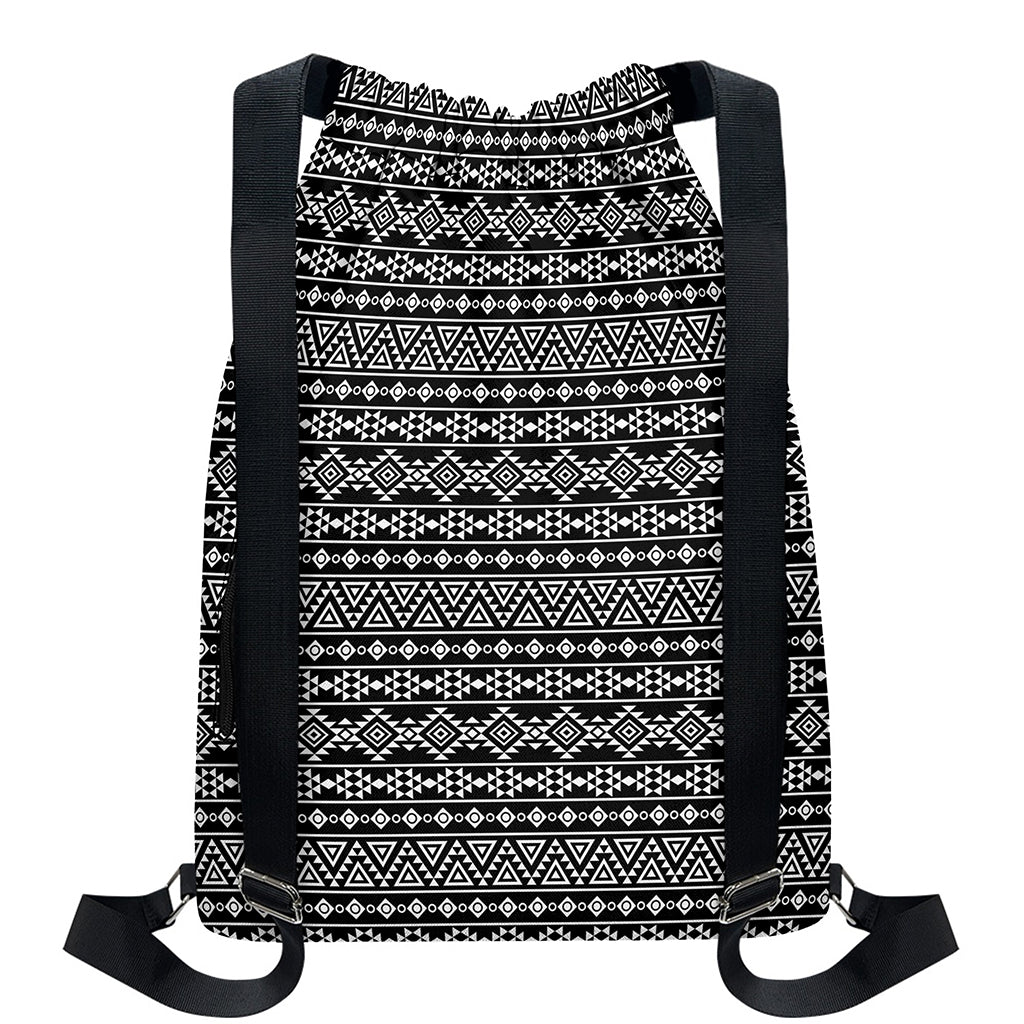 Black And White Aztec Geometric Print Drawstring Backpack