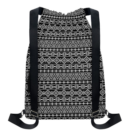 Black And White Aztec Geometric Print Drawstring Backpack