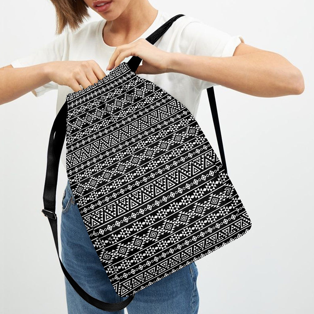 Black And White Aztec Geometric Print Drawstring Backpack