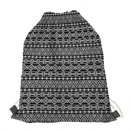 Black And White Aztec Geometric Print Drawstring Bag
