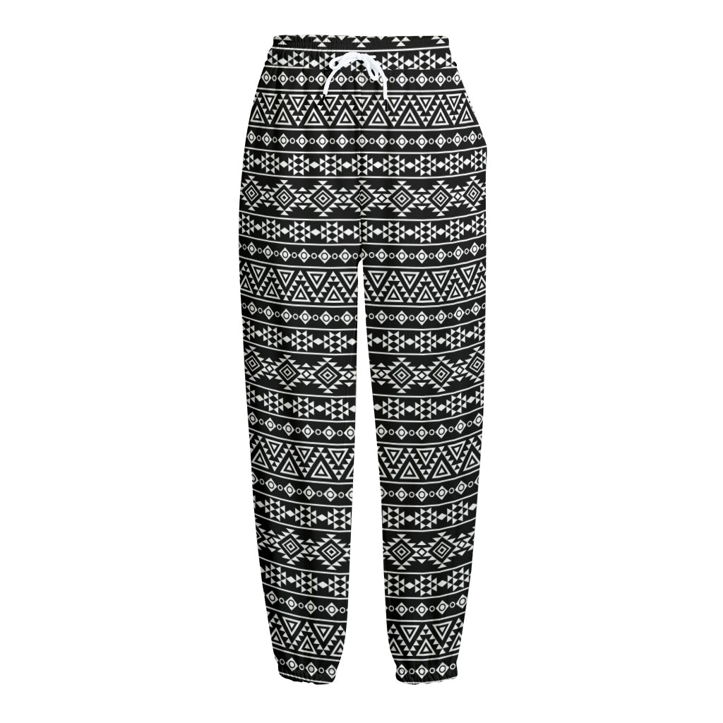 Black And White Aztec Geometric Print Fleece Lined Knit Pants