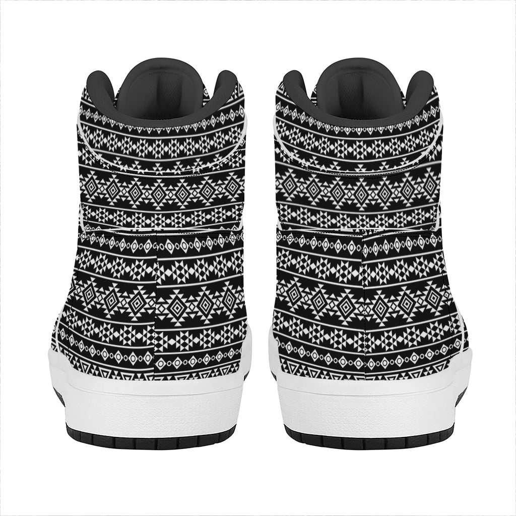 Black And White Aztec Geometric Print High Top Leather Sneakers