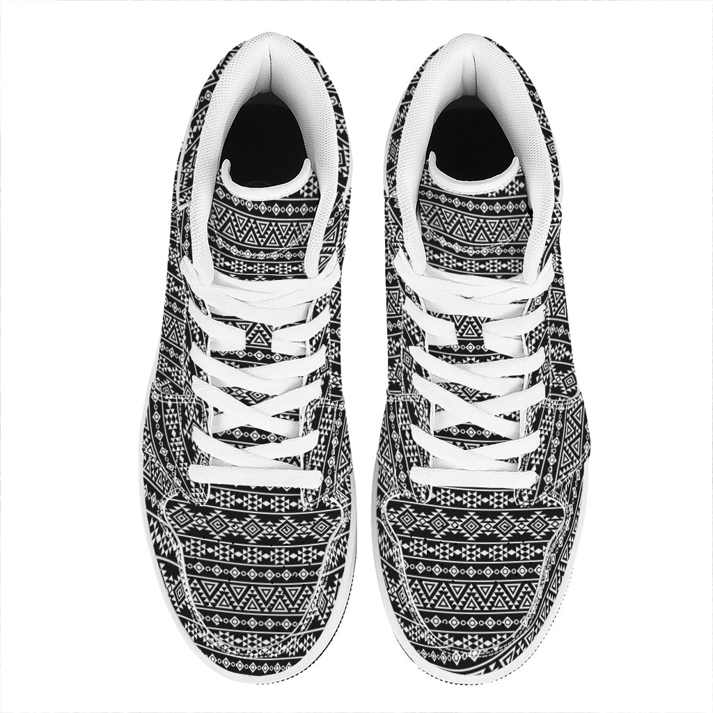 Black And White Aztec Geometric Print High Top Leather Sneakers