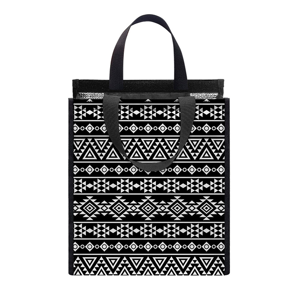 Black And White Aztec Geometric Print Insulated Lunch Tote