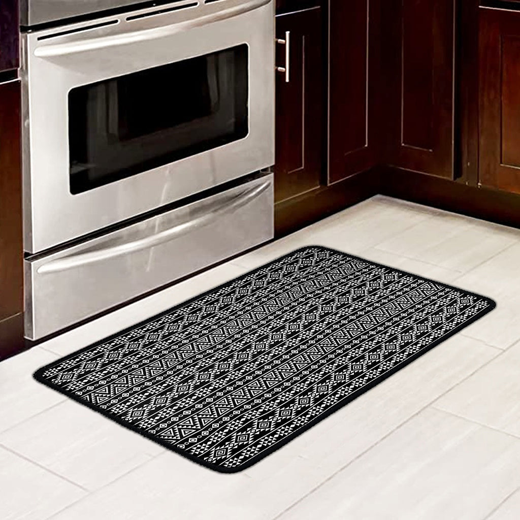 Black And White Aztec Geometric Print Kitchen Mat