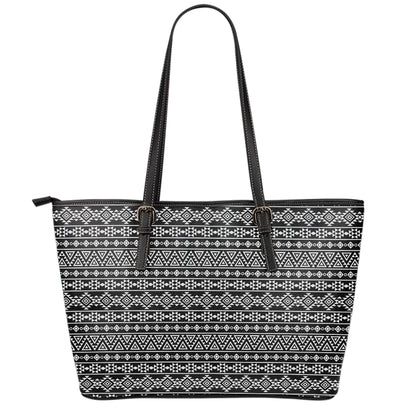 Black And White Aztec Geometric Print Leather Tote Bag