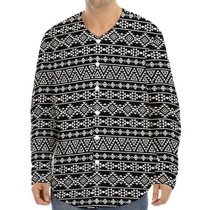 Black And White Aztec Geometric Print Long Sleeve Baseball Jersey