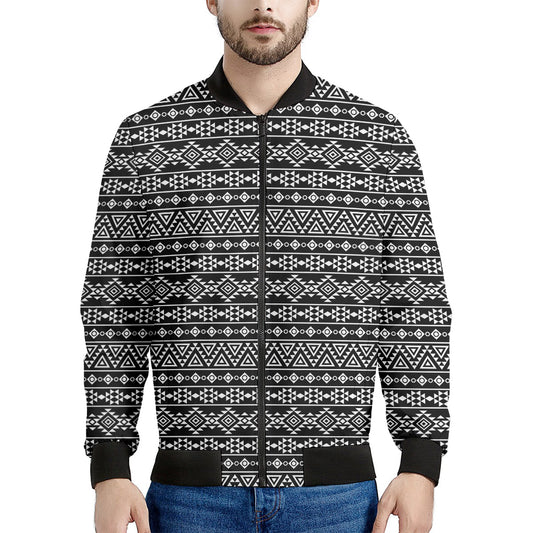Black And White Aztec Geometric Print Men's Bomber Jacket