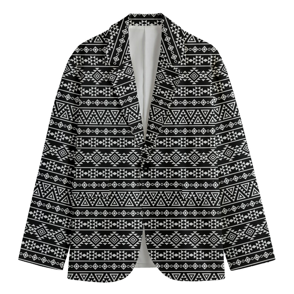 Black And White Aztec Geometric Print Men's Cotton Blazer