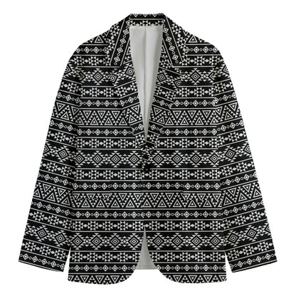 Black And White Aztec Geometric Print Men's Cotton Blazer