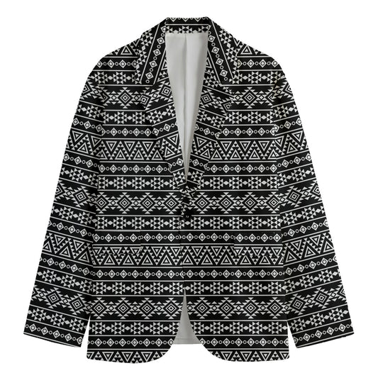 Black And White Aztec Geometric Print Men's Cotton Blazer