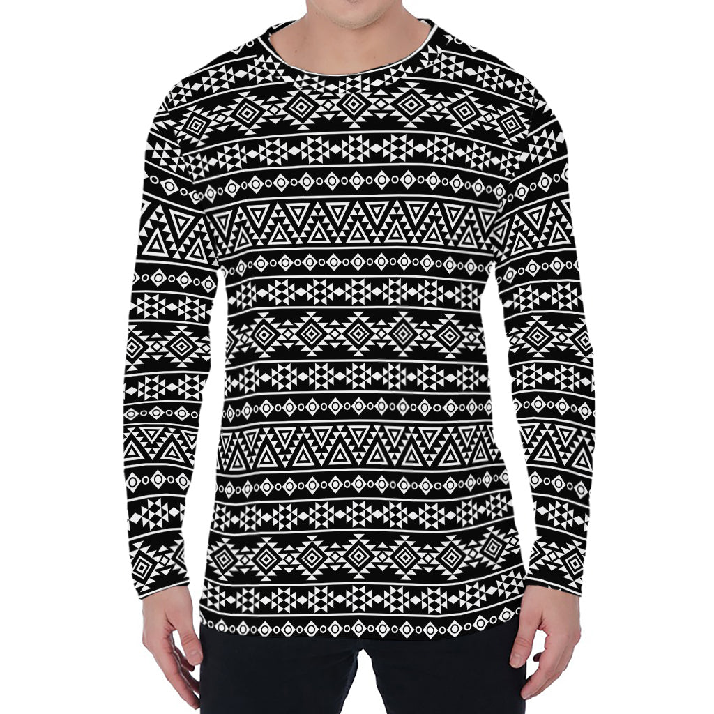 Black And White Aztec Geometric Print Men's Long Sleeve T-Shirt