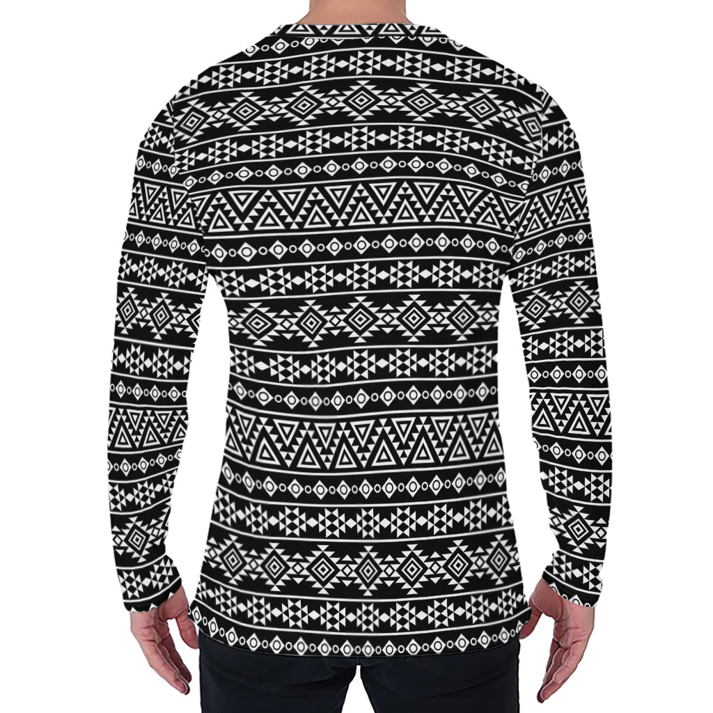 Black And White Aztec Geometric Print Men's Long Sleeve T-Shirt