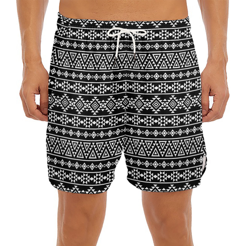 Black And White Aztec Geometric Print Men's Split Running Shorts